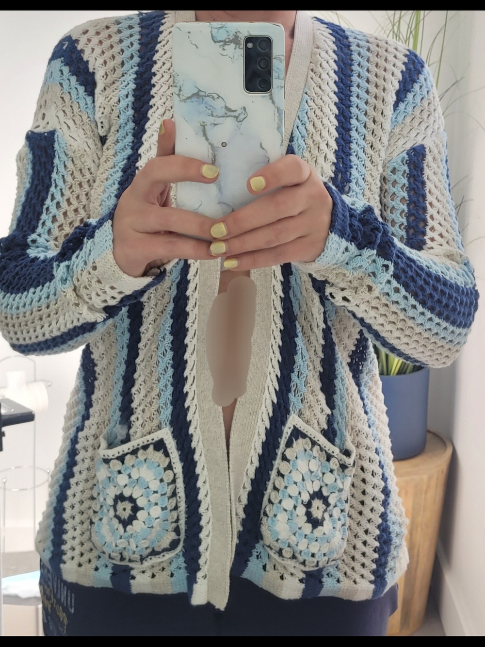 Sz M CHARLIE B  Open Knit Crochet Cardigan in Cream, Navy & Light Blue